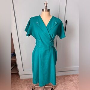 Vintage Teal Midi Dress with Button Detail